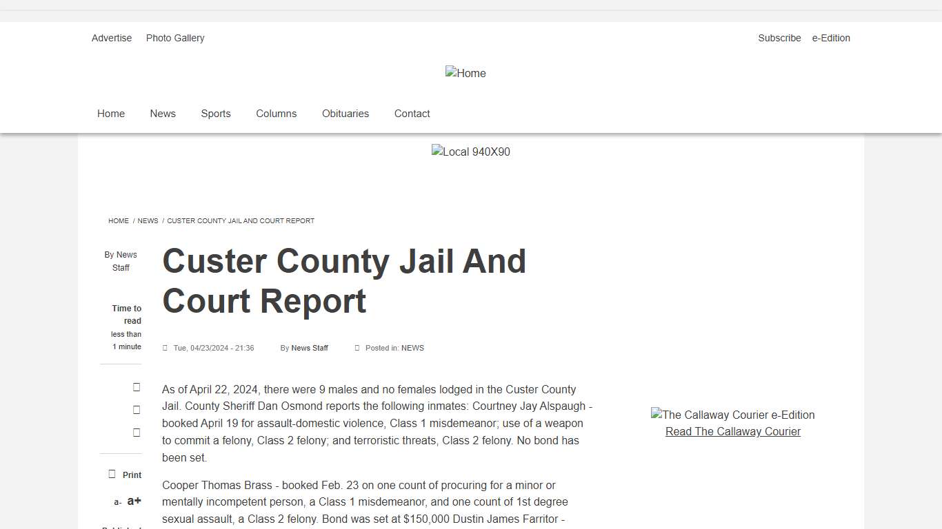 Custer County Jail And Court Report | The Callaway Courier